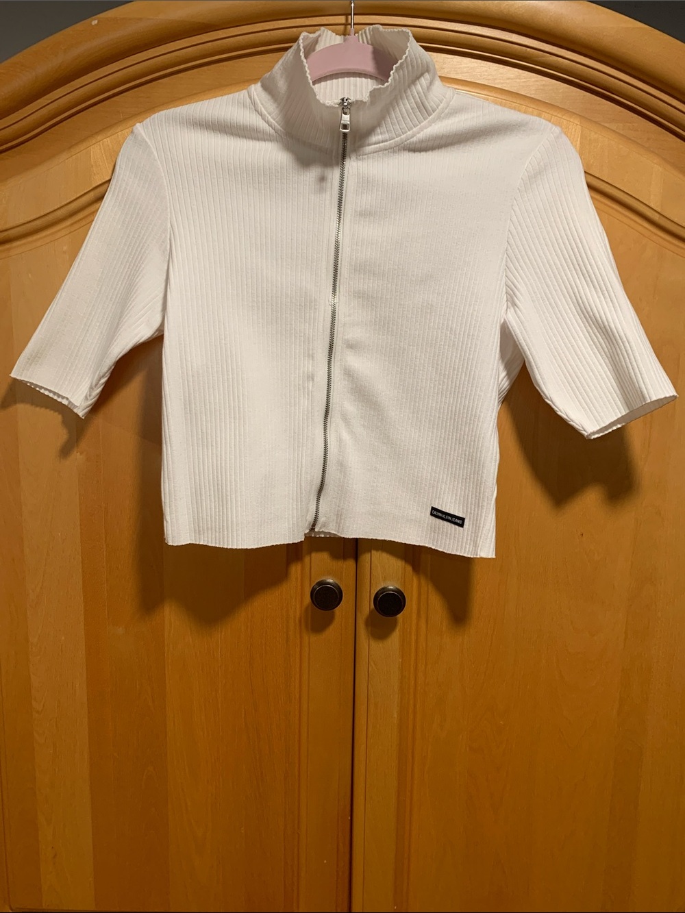 Calvin Klein Jeans White Ribbed Zip-Up Crop Top